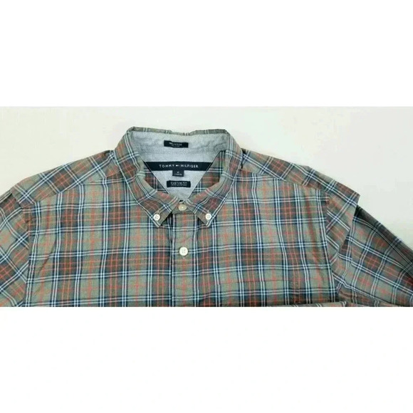 Tommy Hilfiger Custom Fit Melange Size Medium Mens Gray Red Blue Check Cuff Logo - Picture 5 of 11